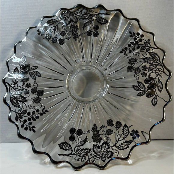 VTG Sterling Silver Overlay Sunburst Round Glass Scalloped Edge 14.5" Platter - Picture 2 of 7